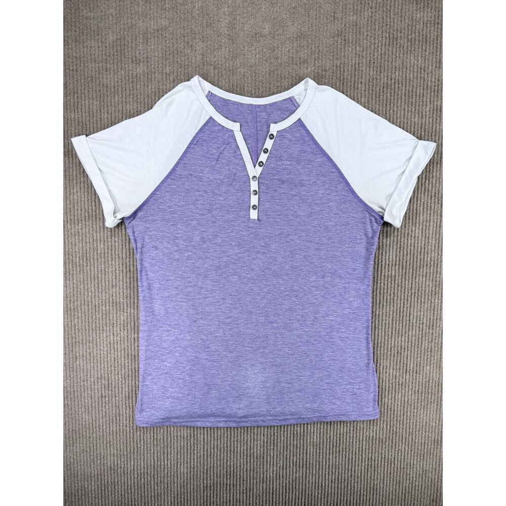 Unbranded Raglan Henley Short Sleeve Colorblock Top Light Purple Medium - Picture 2 of 8